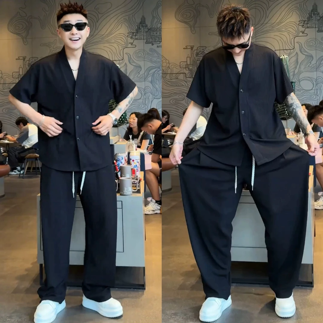 春秋新款休闲潮流短袖纯色V领短袖衬衫直筒裤休闲运动套装痞帅男