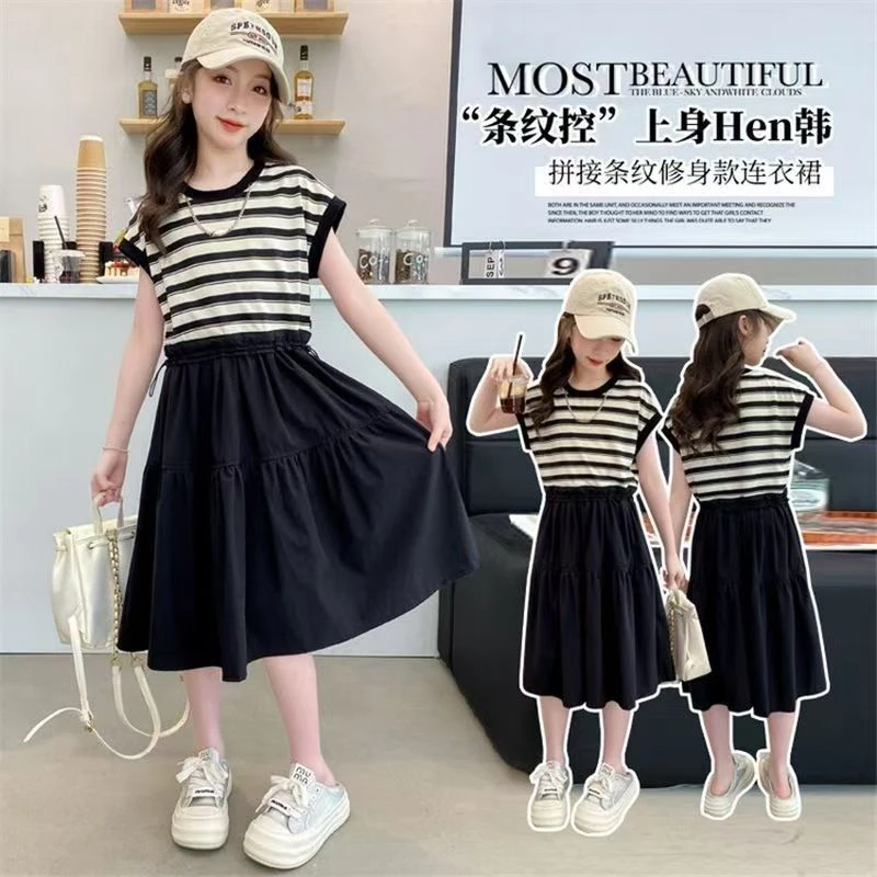 女童休闲韩版儿童夏季收腰条纹时尚女孩连衣裙2025中大童5-15岁潮