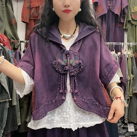 刺绣招财猫牛仔斗篷紫色