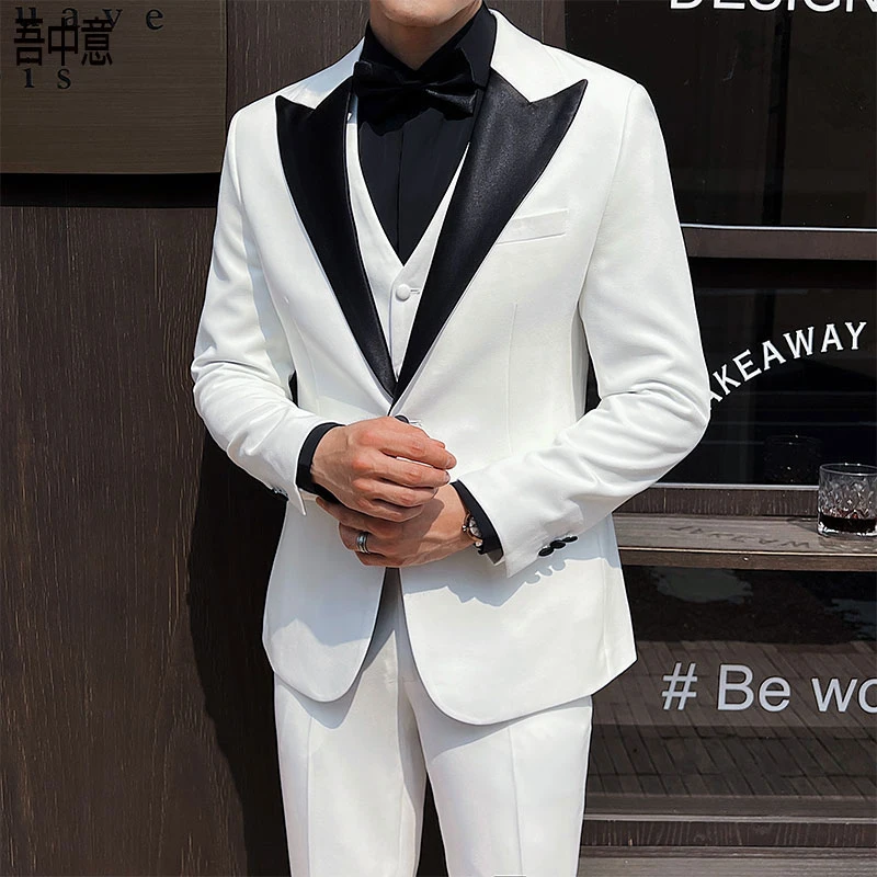 戗驳领西服男套装三件套礼服商务正装宴会主持新郎伴郎结婚西装男