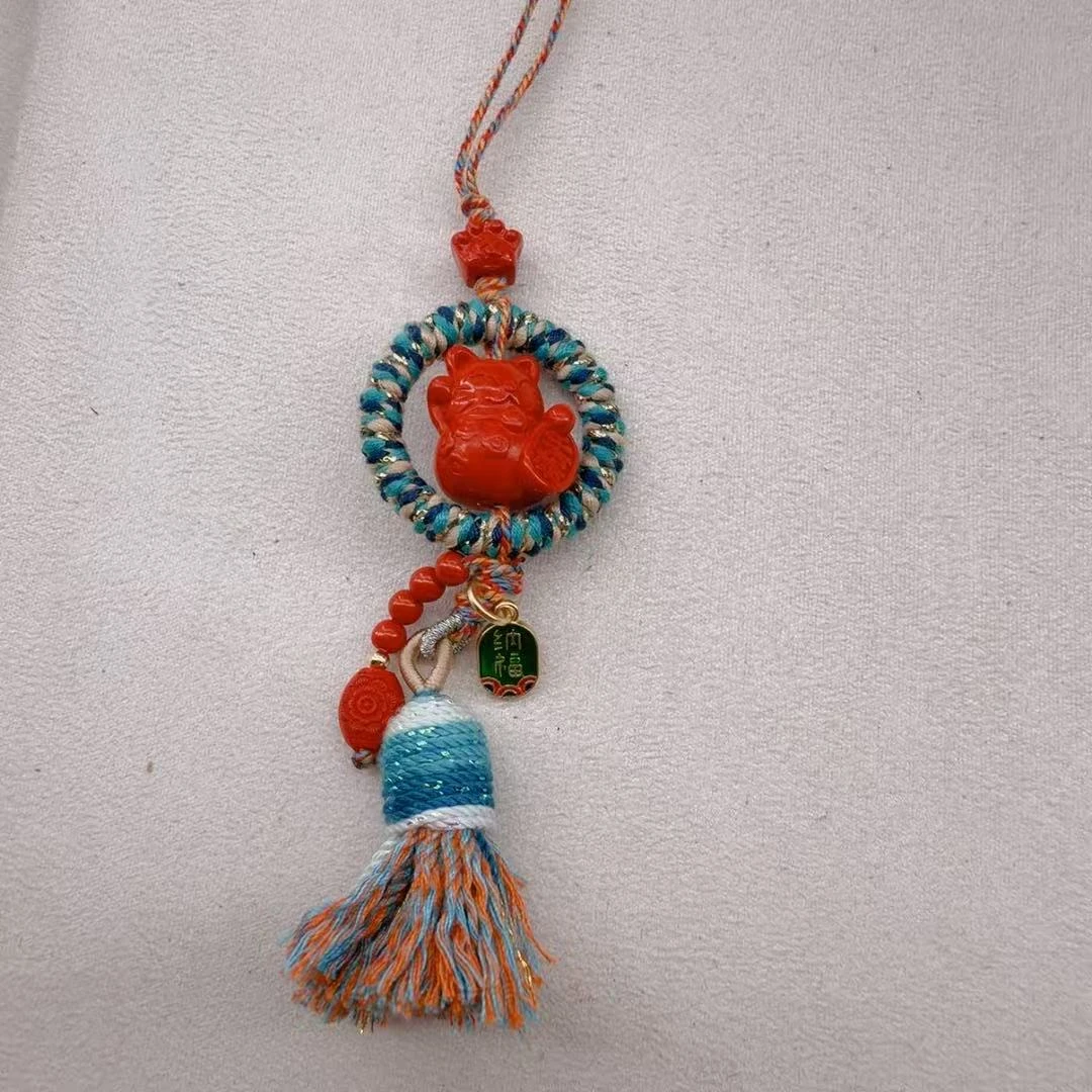 含辰砂工艺品朱砂流苏款财猫圆满车内挂件A05
