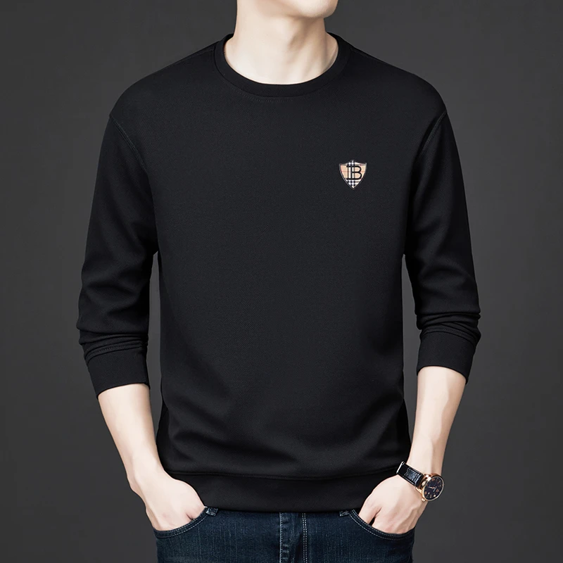 【专柜同款】春秋高档新款英伦男士商务休闲潮流圆领3D标纯棉上衣