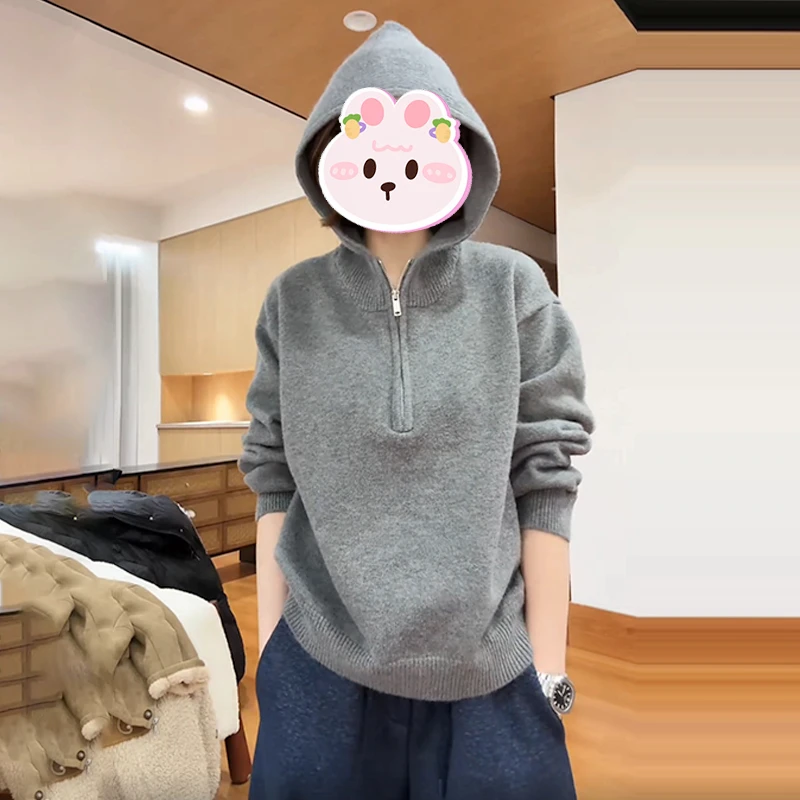 韩系纯色百搭连帽针织衫女2025冬季新款宽松显瘦休闲时髦长袖上衣