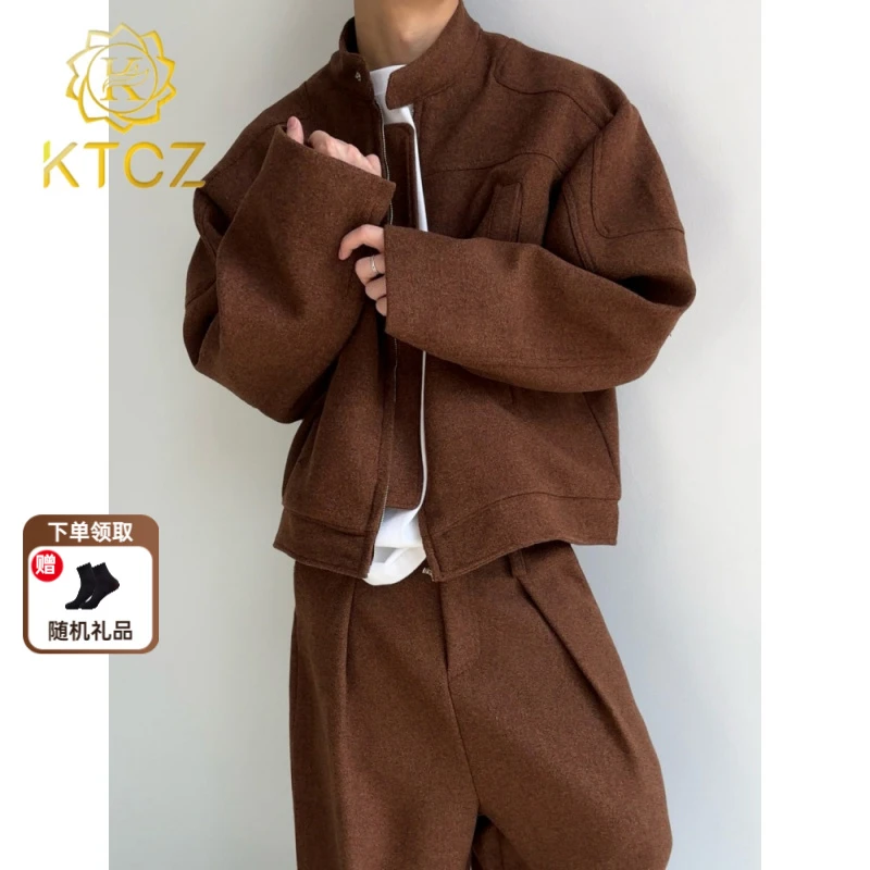 KTCZ春秋立领羊毛呢夹克套装男美式宽松痞帅高级感复古外套两件套