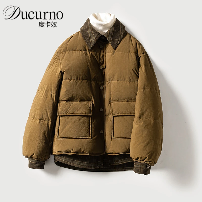 翻领拼接羽绒服女短款2025冬季新款韩版假两件轻薄保暖白鸭绒外套