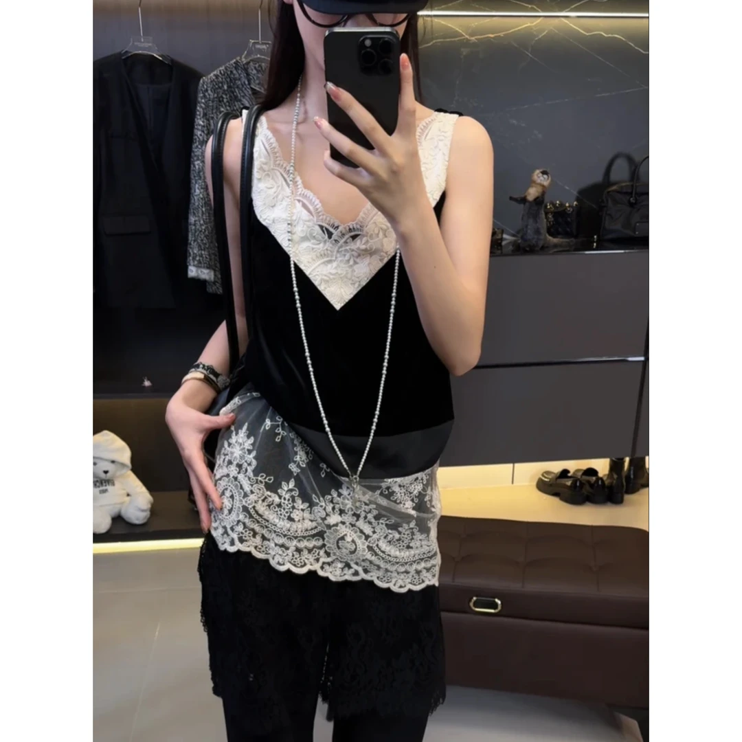 无袖蕾丝花边拼接吊带设计背心女2025新款修身显瘦不规则上衣打底