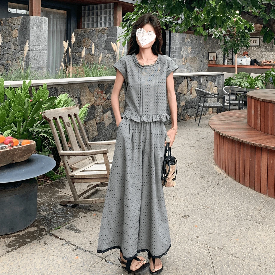 灰色大码胖胖MM减龄木耳边波点背心阔腿裤夏季套装韩系两件套
