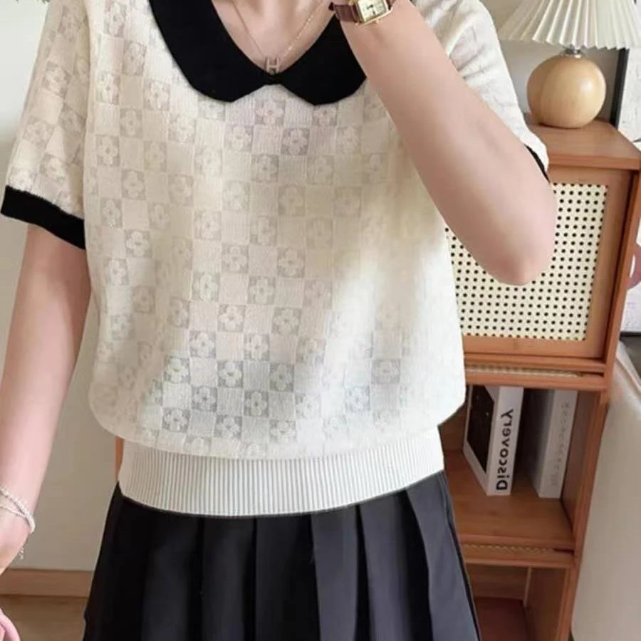 【方领小花短袖】新款春夏针织衫9233