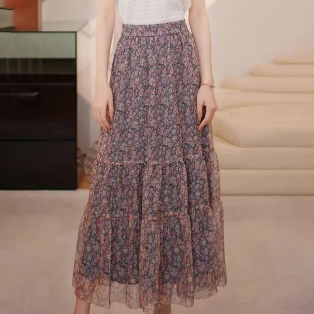 【专柜正品】女装夏季百搭气质显瘦松紧高腰系带时尚碎花半身裙新款