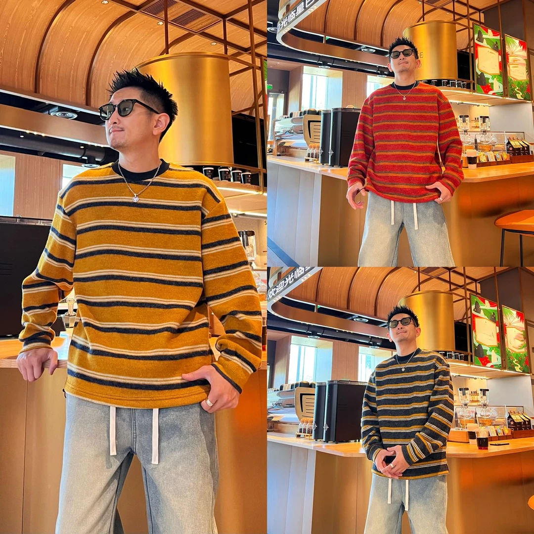 秋冬新款高级感撞色条纹设计软糯底摆抽绳圆领长袖针织衫