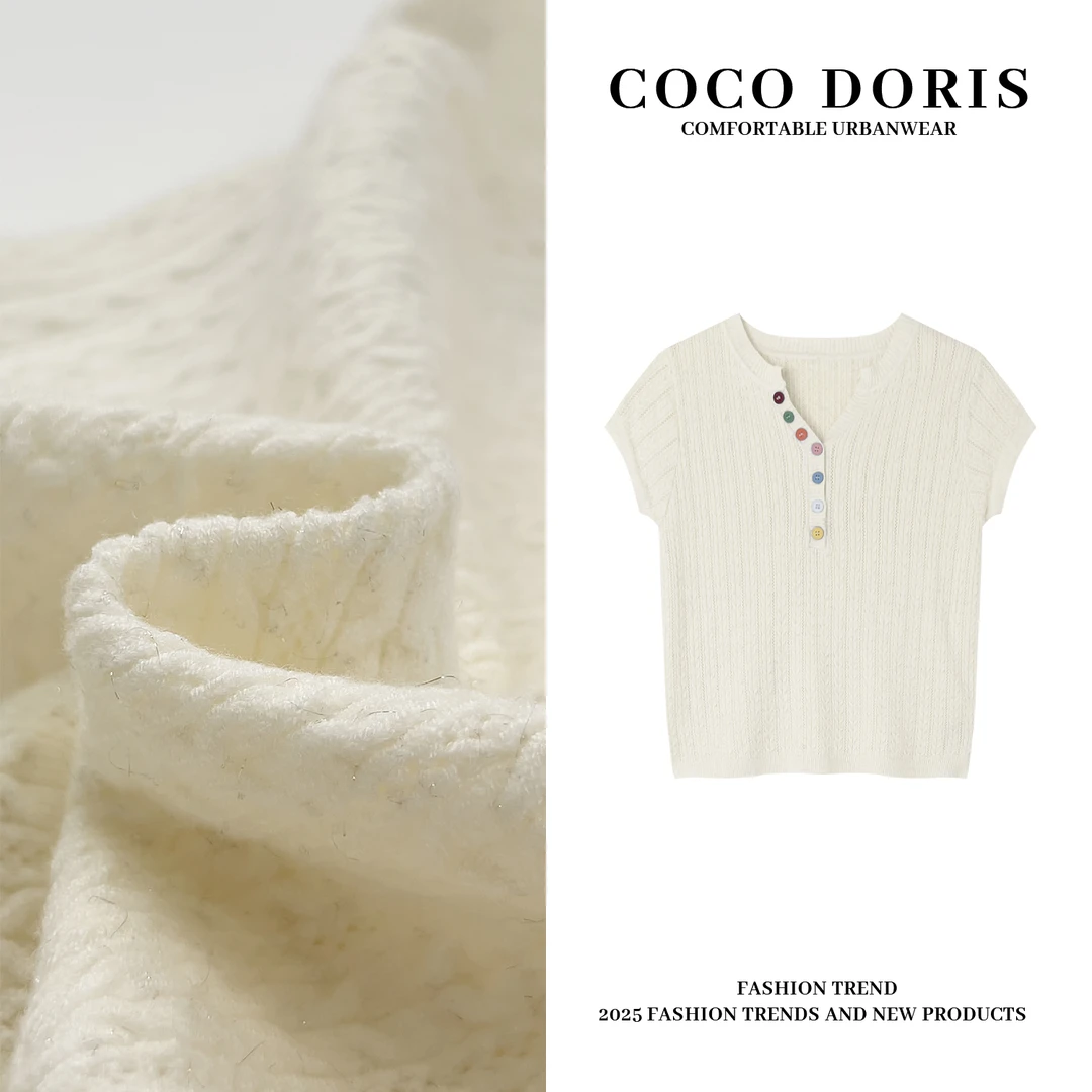 COCO DORIS春夏新款彩虹纽扣半开领针织短袖通勤时尚百搭上衣C129