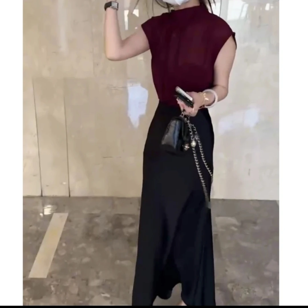 时尚百搭休闲潮流精品无袖女装半身裙穿搭纯色气质黑色