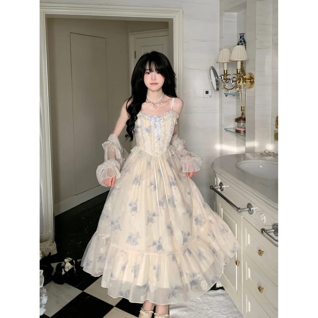 甜美印花网纱拼接蕾丝花边吊带裙仙女长裙+木耳边系带开衫套装夏