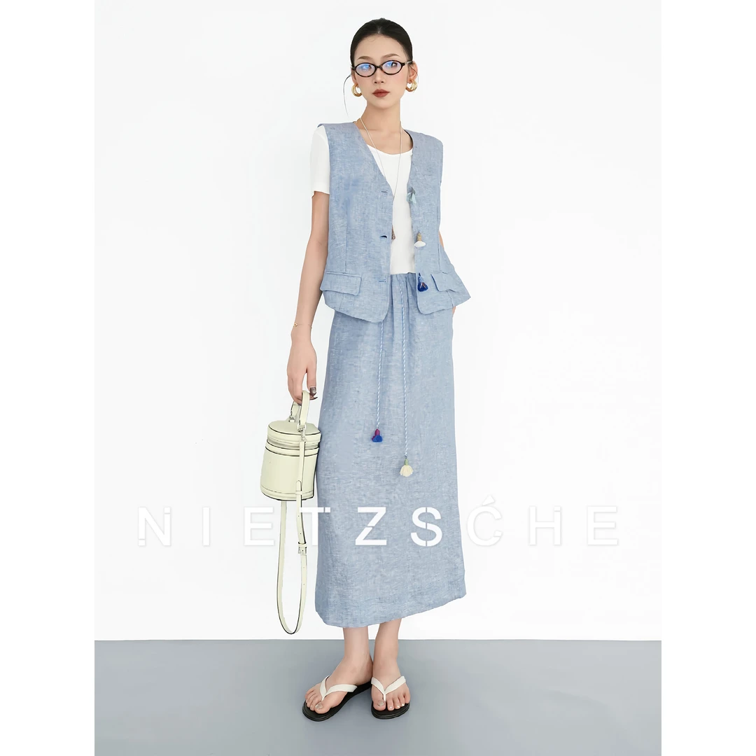 Nietzsche｜蓝调假日｜1oo%亚麻 小香风御姐老钱流苏两件套装50095