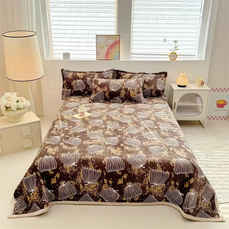 南瓜秋冬牛奶绒床盖绗缝加厚床品双人保暖床上用品床单