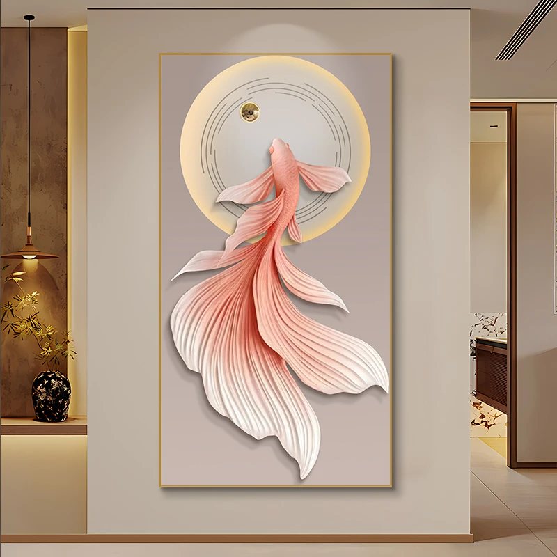 年年有余鱼竖版玄关装饰画现代简约轻奢风力争上游走廊入户门挂画