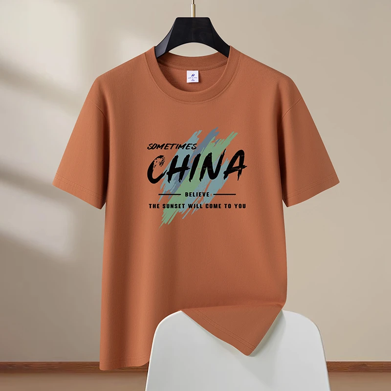 夏季男士宽松T恤圆领高端200克新款印花T恤宽松潮牌男士短袖t恤