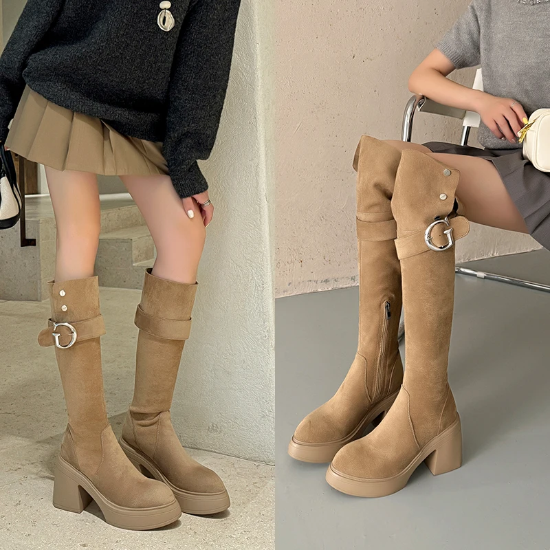 10cm尖头高跟高筒靴子女厚底粗跟防水台过膝显瘦小个子秋冬瘦瘦靴