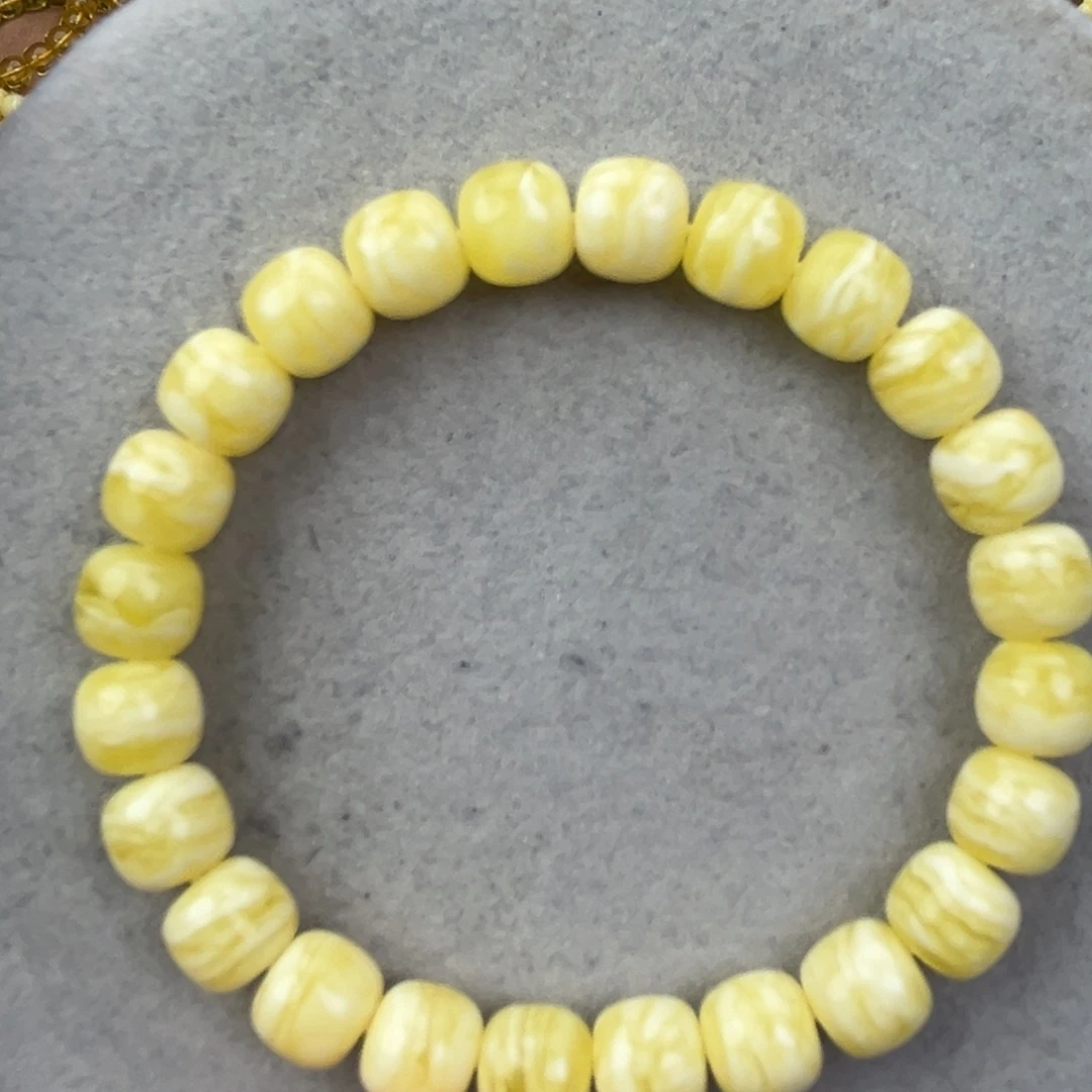 蜜蜡未镶嵌手串俄铁同料瓷白花虎皮千层9*8.2腕口17+