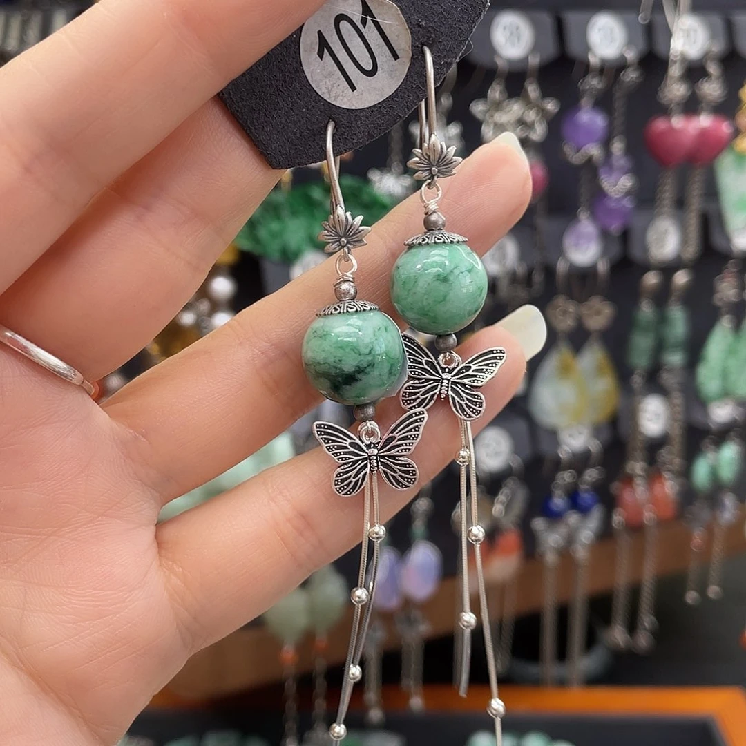 翡翠耳饰银S925镶嵌?**?698ghnjhh