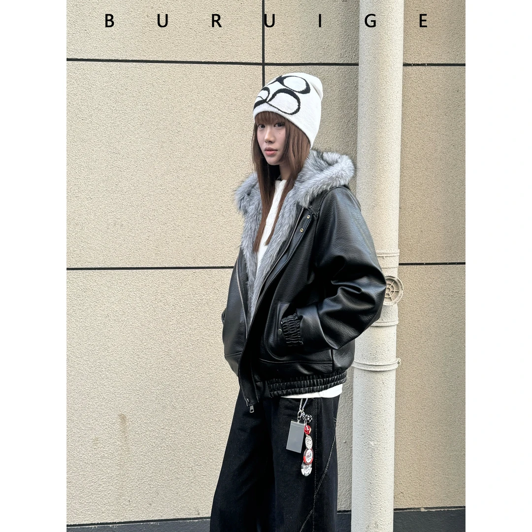 BURUIGE美式连帽座山雕皮衣外套棉服男冬季加绒加厚痞帅毛领棉衣