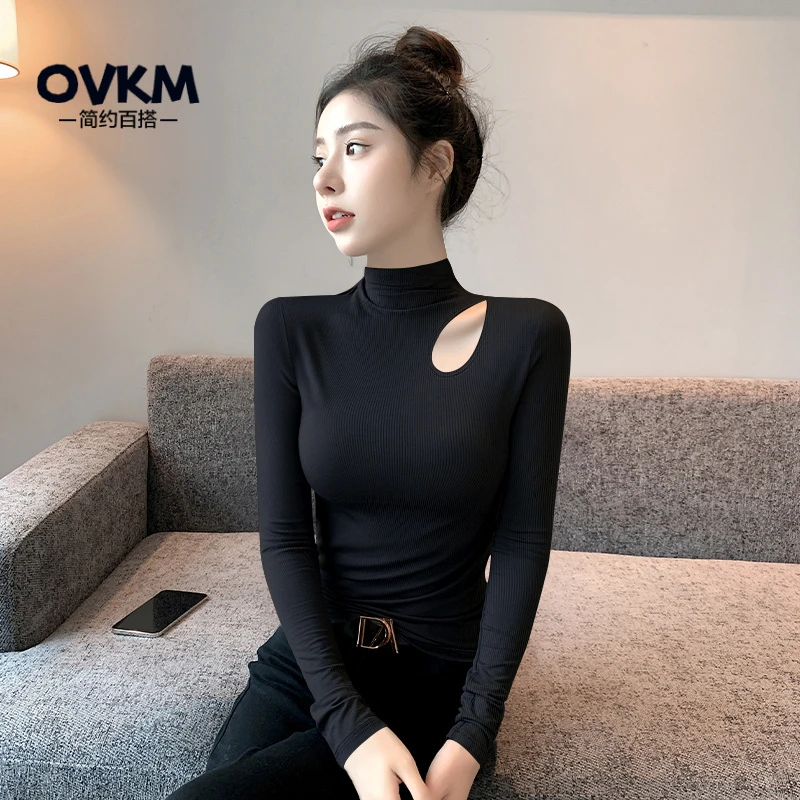 OVKM半高领打底衫女镂空长袖t恤秋冬内搭针织高级感黑色螺纹上衣