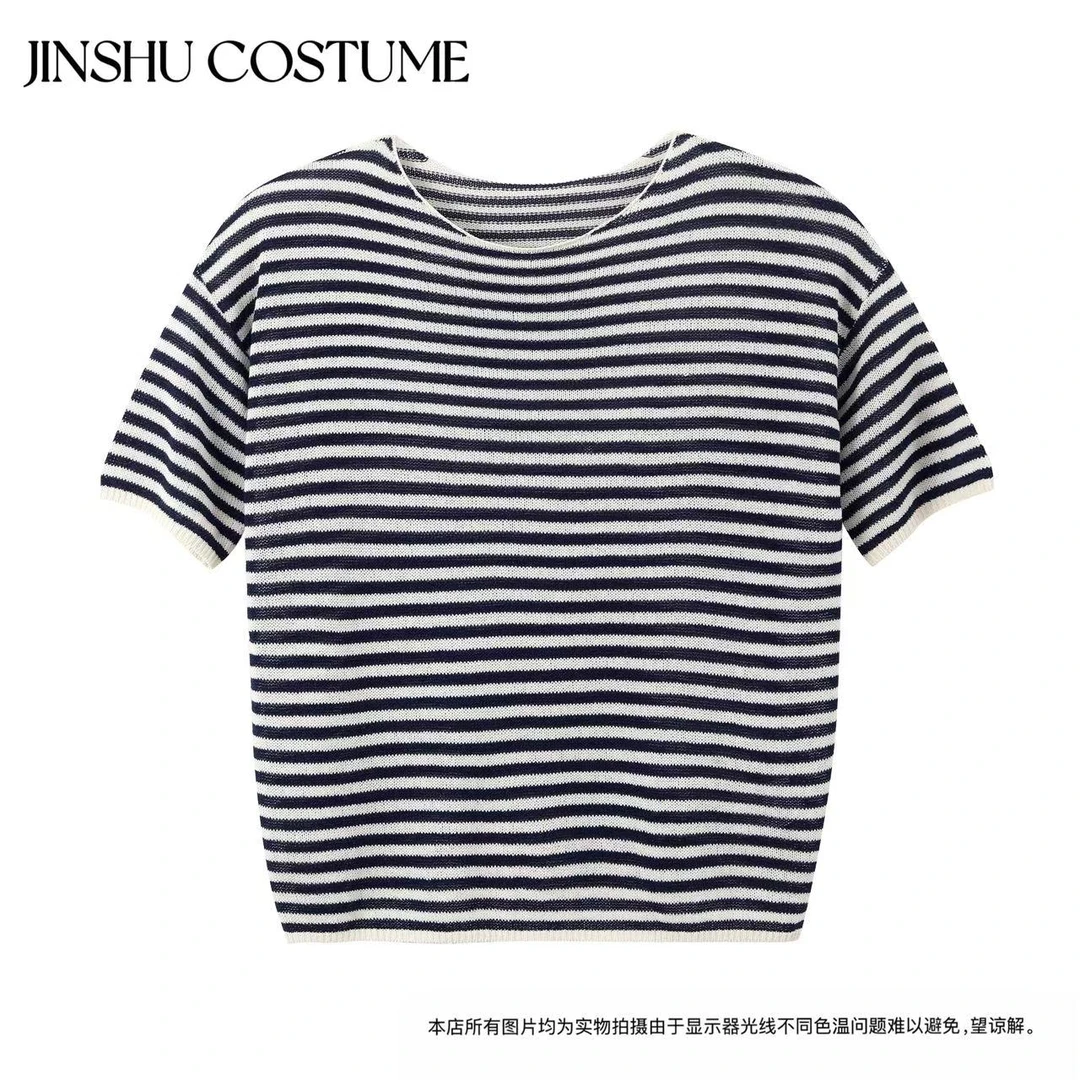 【JSFS】夏季琎口和纸纱条纹短袖T恤女宽松显瘦百搭针织上衣