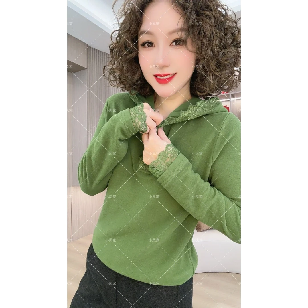 【小凤定制】经典百搭双面绒拼蕾丝帽保暖上衣