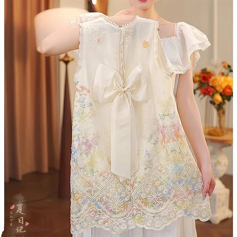 女童蝴蝶结连衣裙夏季2025新款刺绣珍珠镂空公主裙洋气无袖背心裙