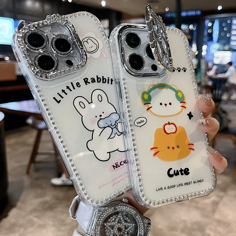 适用苹果系列iPhone16新款手机壳抱象小兔猫咪一体支架钻框镜头膜