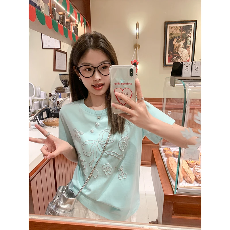 曾小咸 韩系小清新蝴蝶结刺绣短袖上衣女2025春T恤Z251TZ0103
