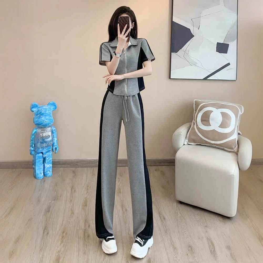 拼接撞色时尚休闲套装女2025夏季新款洋气拉链上衣阔腿裤两件套女