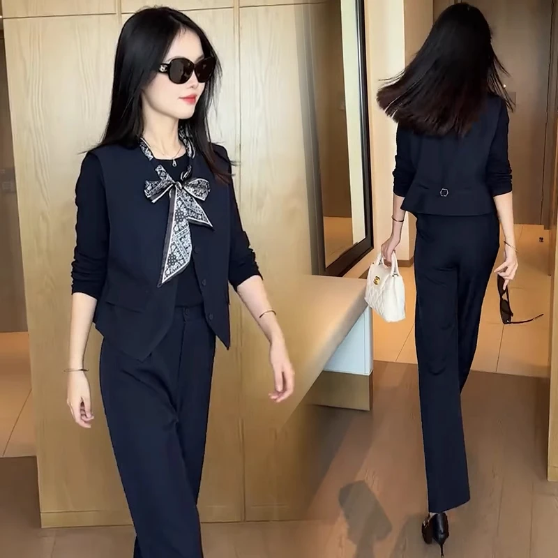时尚套装女2025秋季新款洋气显瘦西装马甲背心打底衫阔腿裤两件套