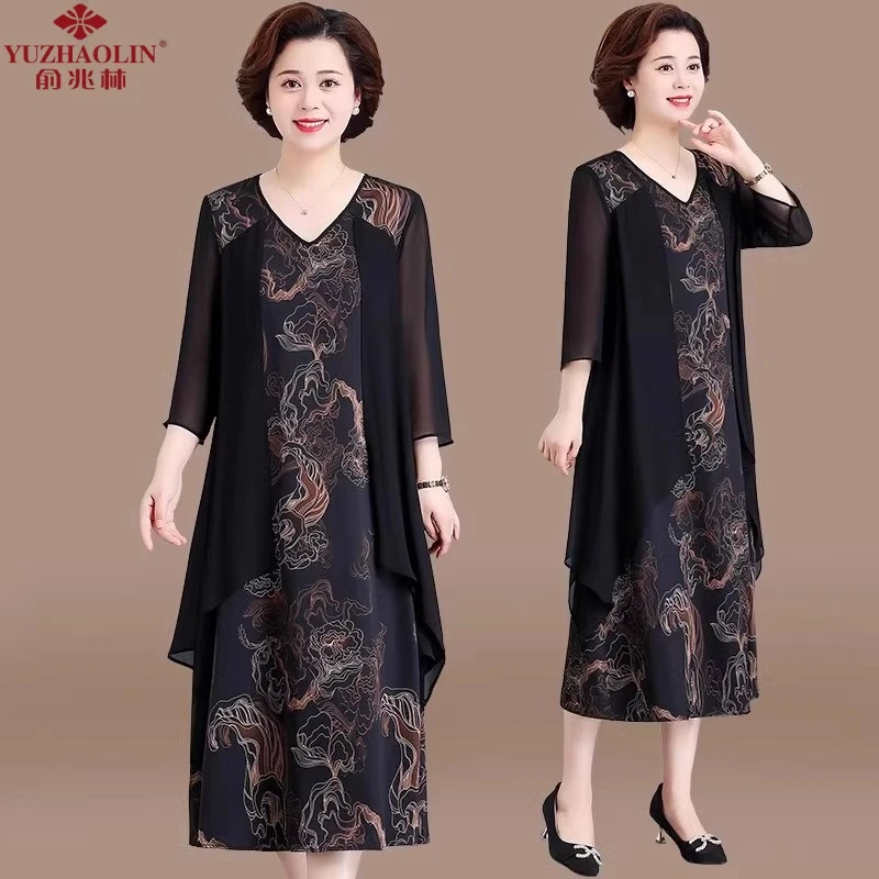 妈妈连衣裙夏装阔太太2025新款中老年女夏季洋气短袖大码雪纺裙子