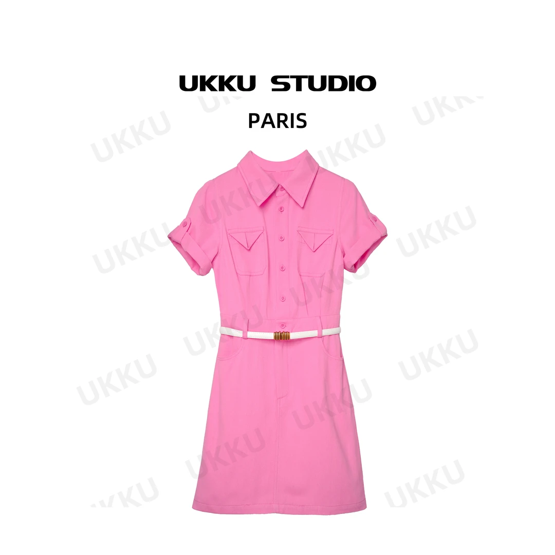 沐【UKKU STUDIO】贝蒂少女-小众设计粉色扣袖轻奢衬衫牛仔裙311963