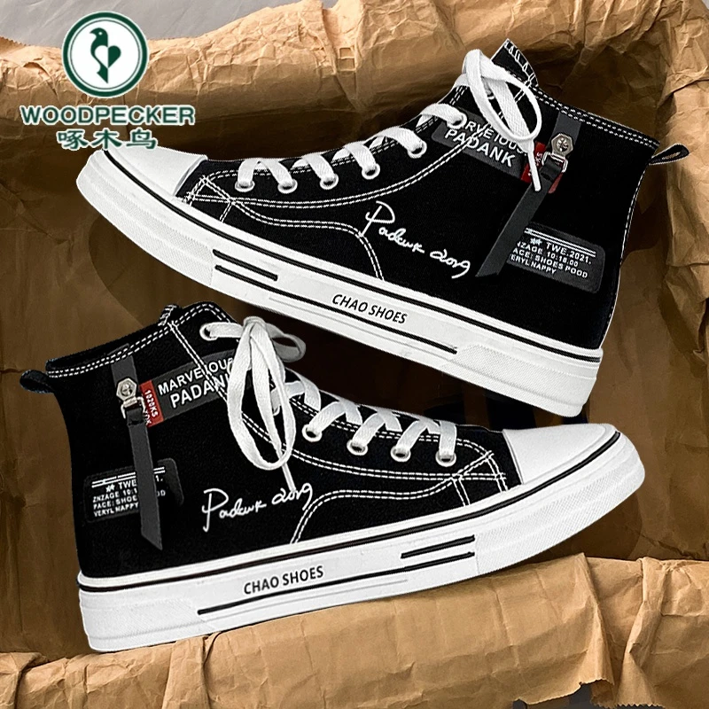 啄木鸟官方正品冬季帆布男鞋高帮2025年新款青少年休闲板鞋布鞋