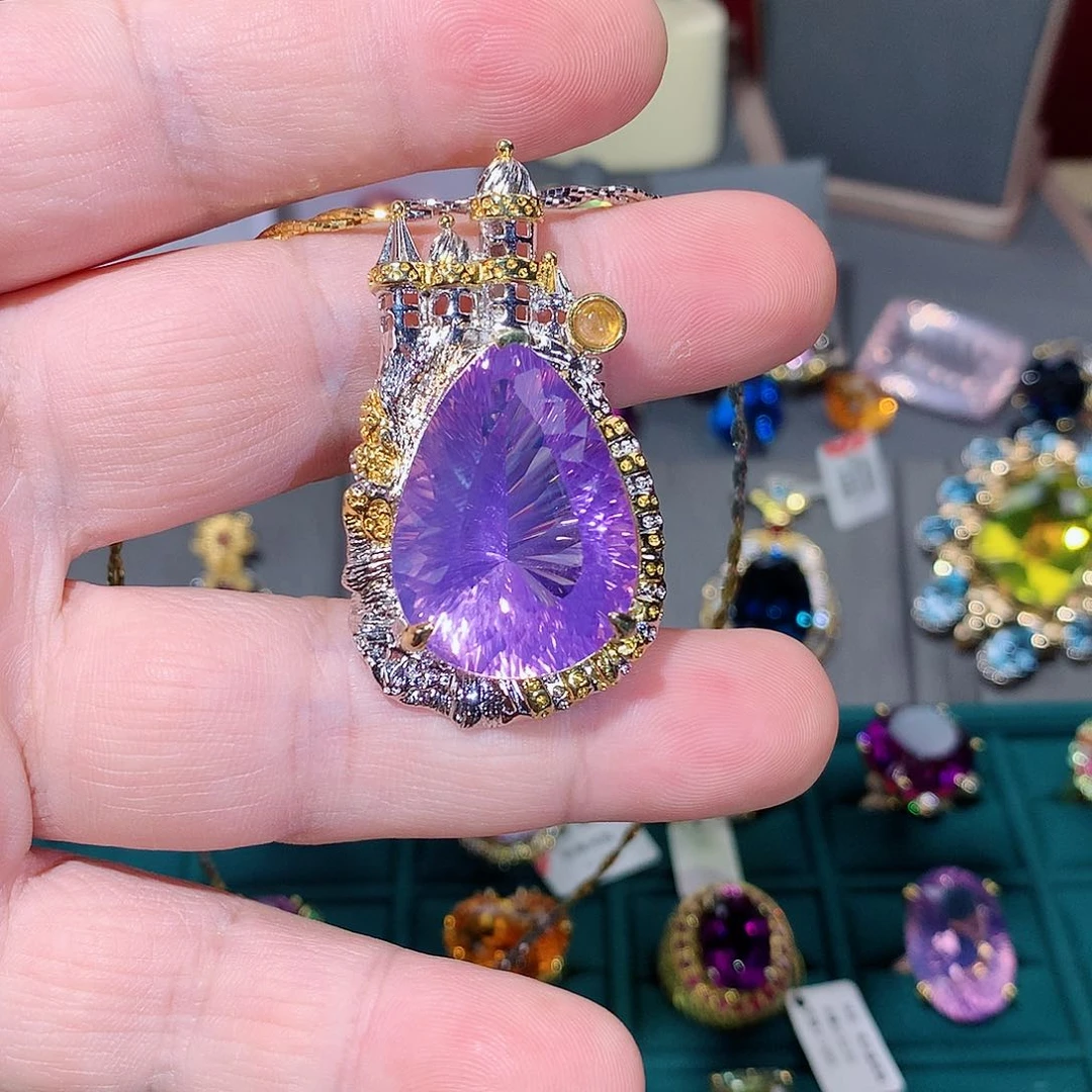 水晶颈饰银S925镶嵌天**城吊坠