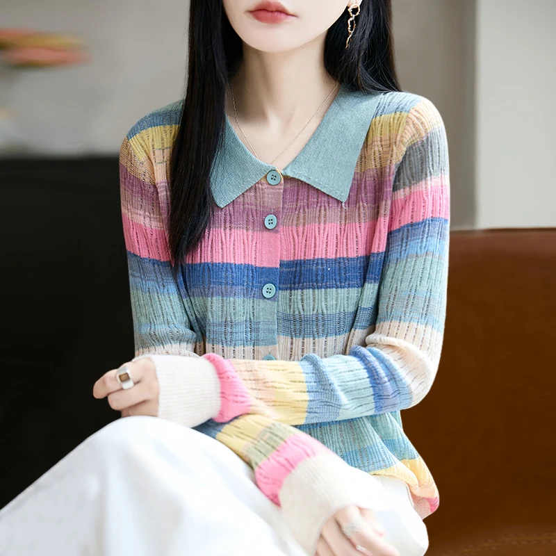 品牌2025新款条纹毛针织衫女士早秋彩条开衫短款秋冬开衫毛衣
