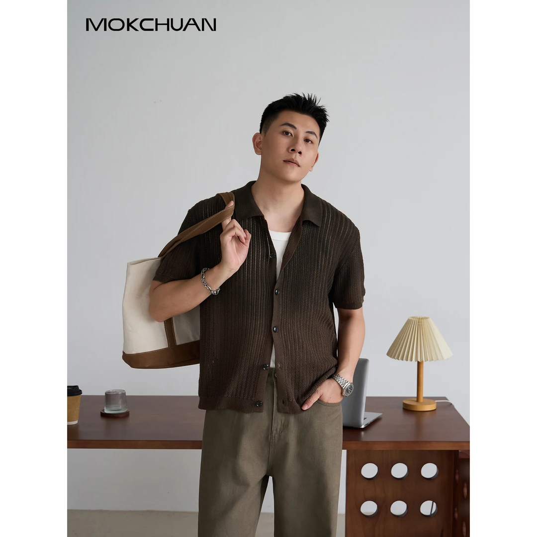 美式复古老钱风慵懒感编织休闲宽松镂空针织短袖开衫百搭上衣男潮