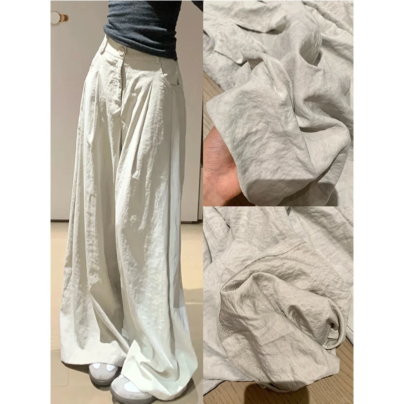 灰色阔腿裤女夏2025新款慵懒松弛感裤子高腰垂感小个子奶油褶皱裤