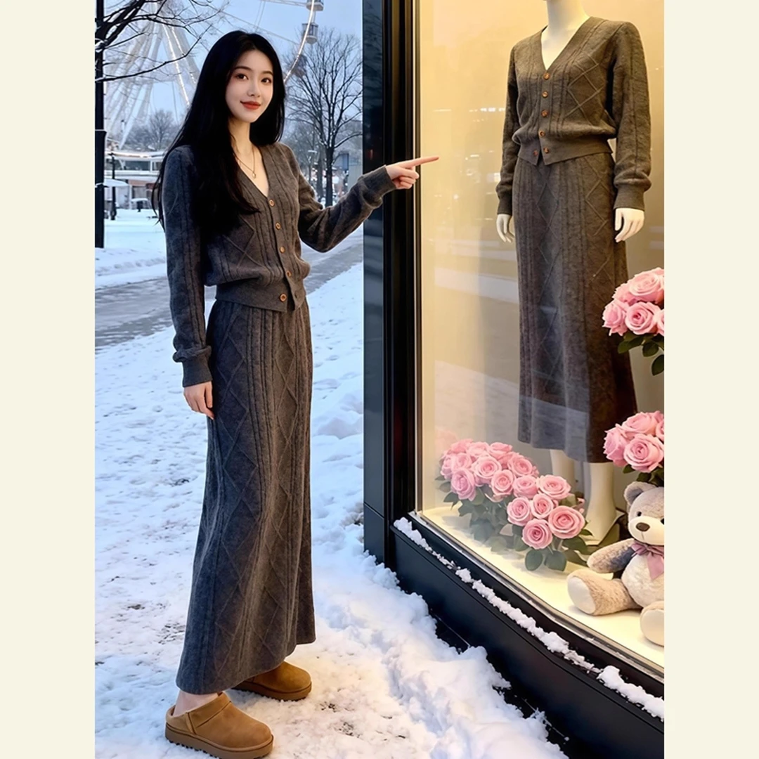 La Chapelle/拉夏贝尔秋冬款针织衫套装灰色一整套冬季大方穿搭减