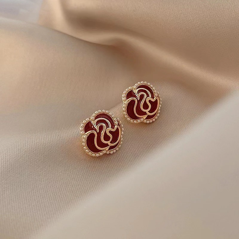 铜合金耳饰 酒红色山茶花法式耳钉LY0431
