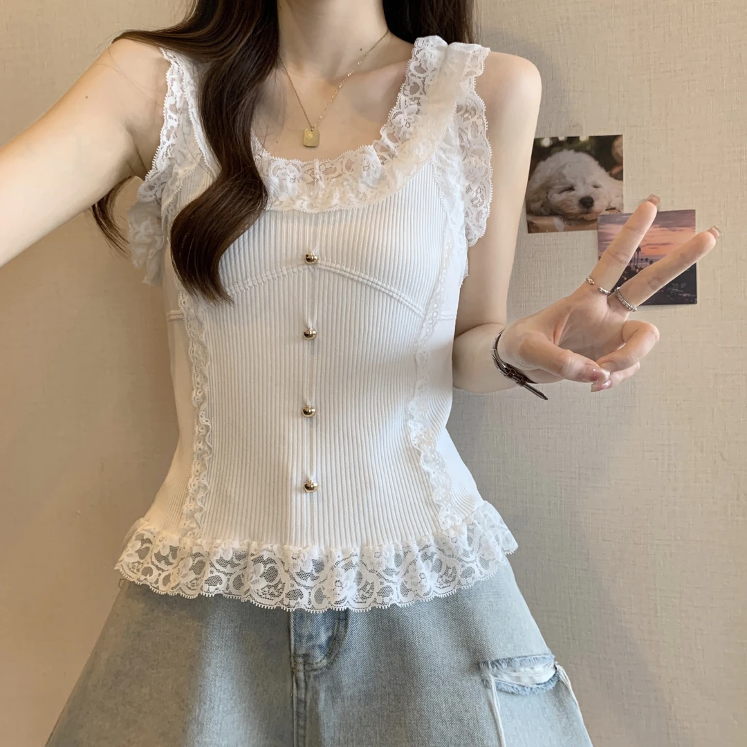 大码女装胖mm2025夏新款蕾丝显瘦配衬衫无袖上衣内搭白色背心吊带