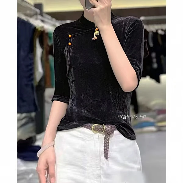 M胸90-140长59复古斜襟丝绒坠饰设计显瘦盘扣衬衫上衣 3464