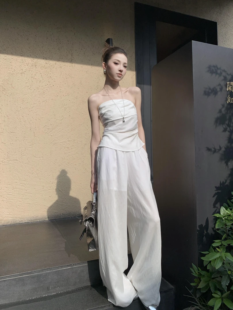 【南法老钱】夏季新款高级感显瘦抹胸上衣两件套女休闲阔腿裤套装女