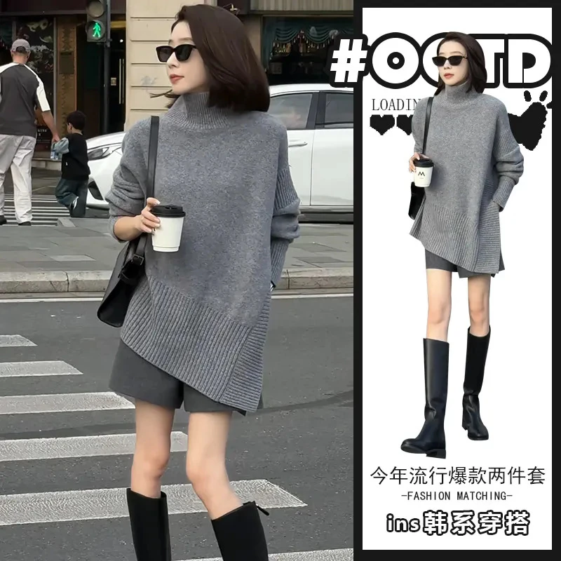 御姐轻熟风穿搭套装女2024秋冬设计感别致开叉毛衣高腰阔腿短裤潮