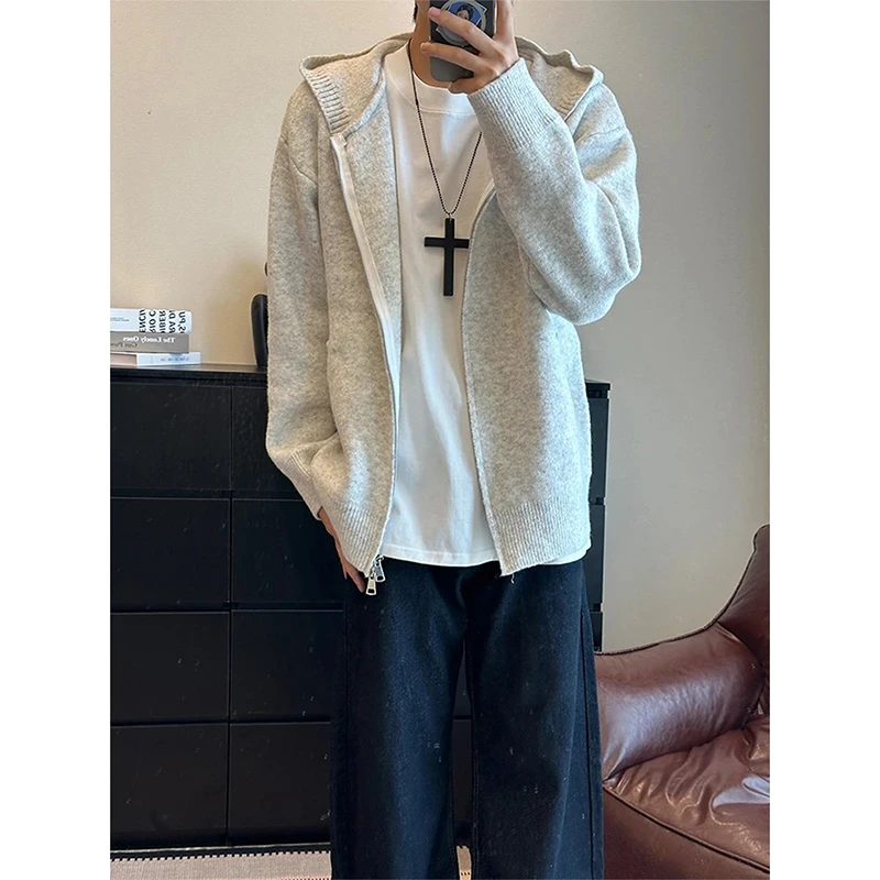 花灰色拉链连帽毛衣男秋季复古慵懒风针织开衫外套松弛感穿搭卫衣