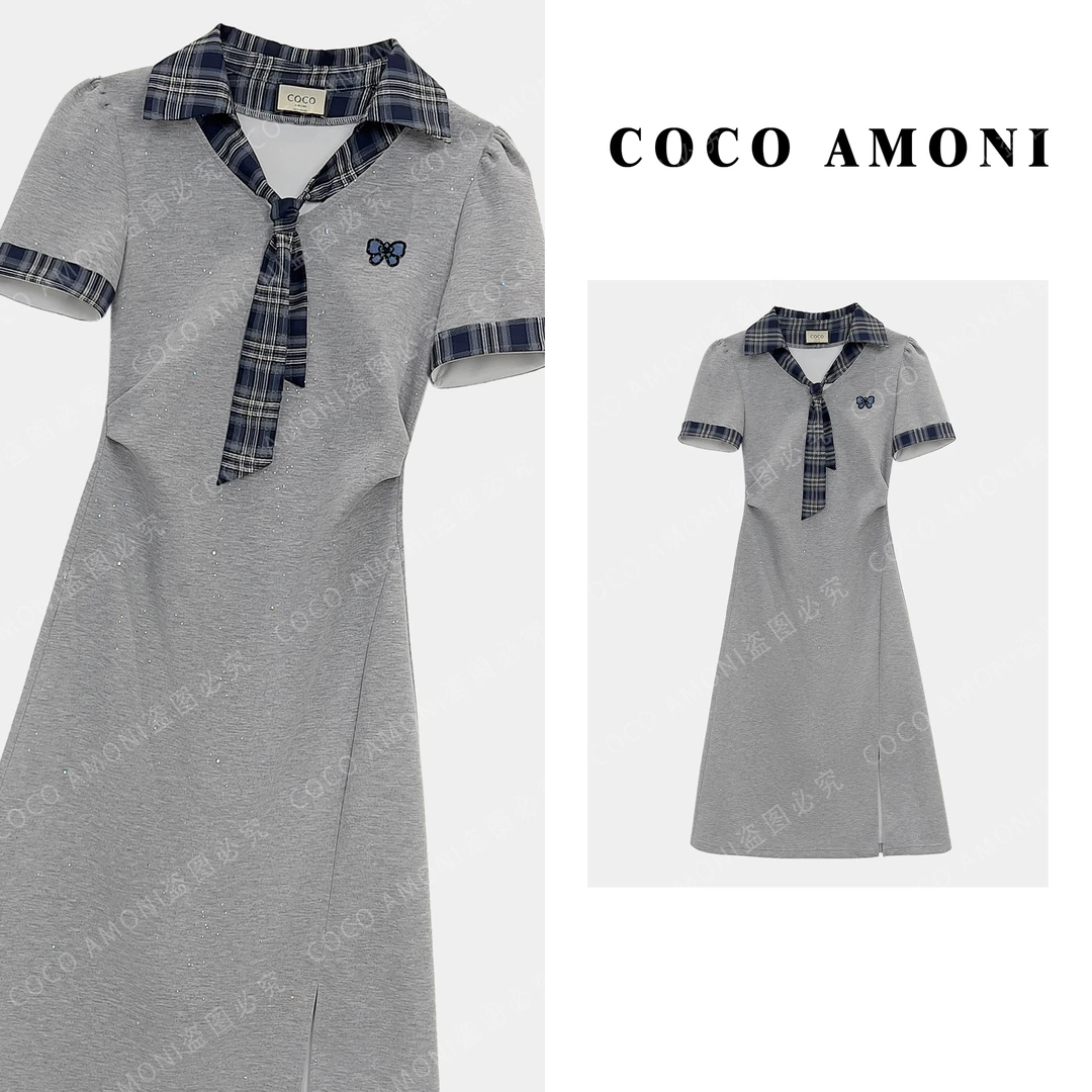 设计师新款重工高级感女装拼接亮钻捏褶收腰显瘦气质连衣裙AC442