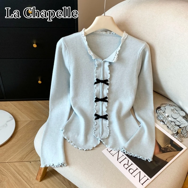 拉夏贝尔秋季韩系V领蝴蝶结木耳边针织衫百搭显瘦不规则打底上衣