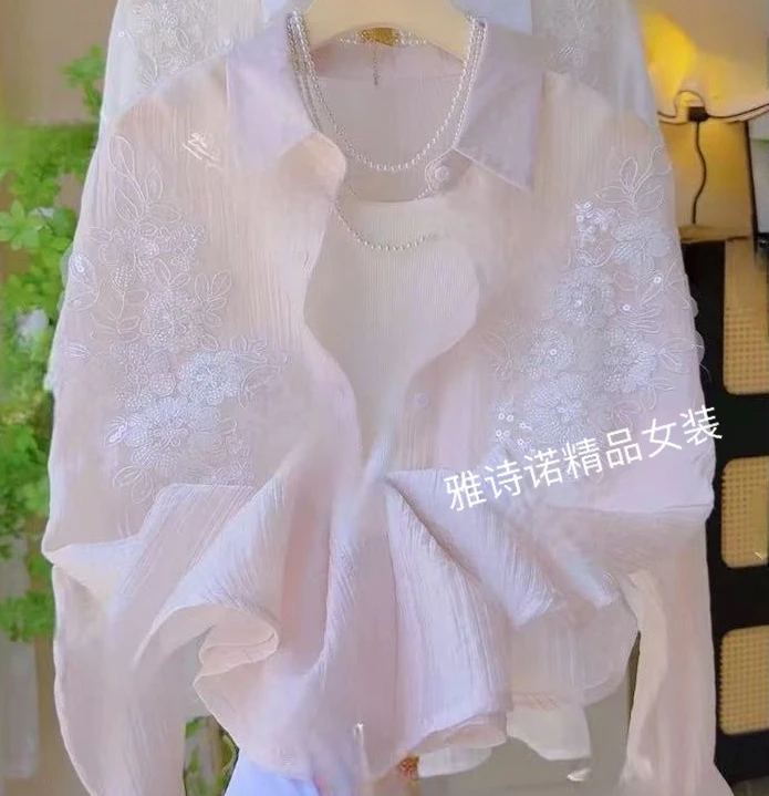 法式时尚重工白色Polo领长袖衬衫女士夏季时髦洋气高级感休闲衬衣